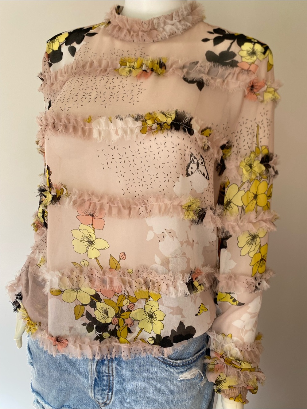 Guess Blush Sheer Floral Ruffle Blouse - Picture 2 of 9
